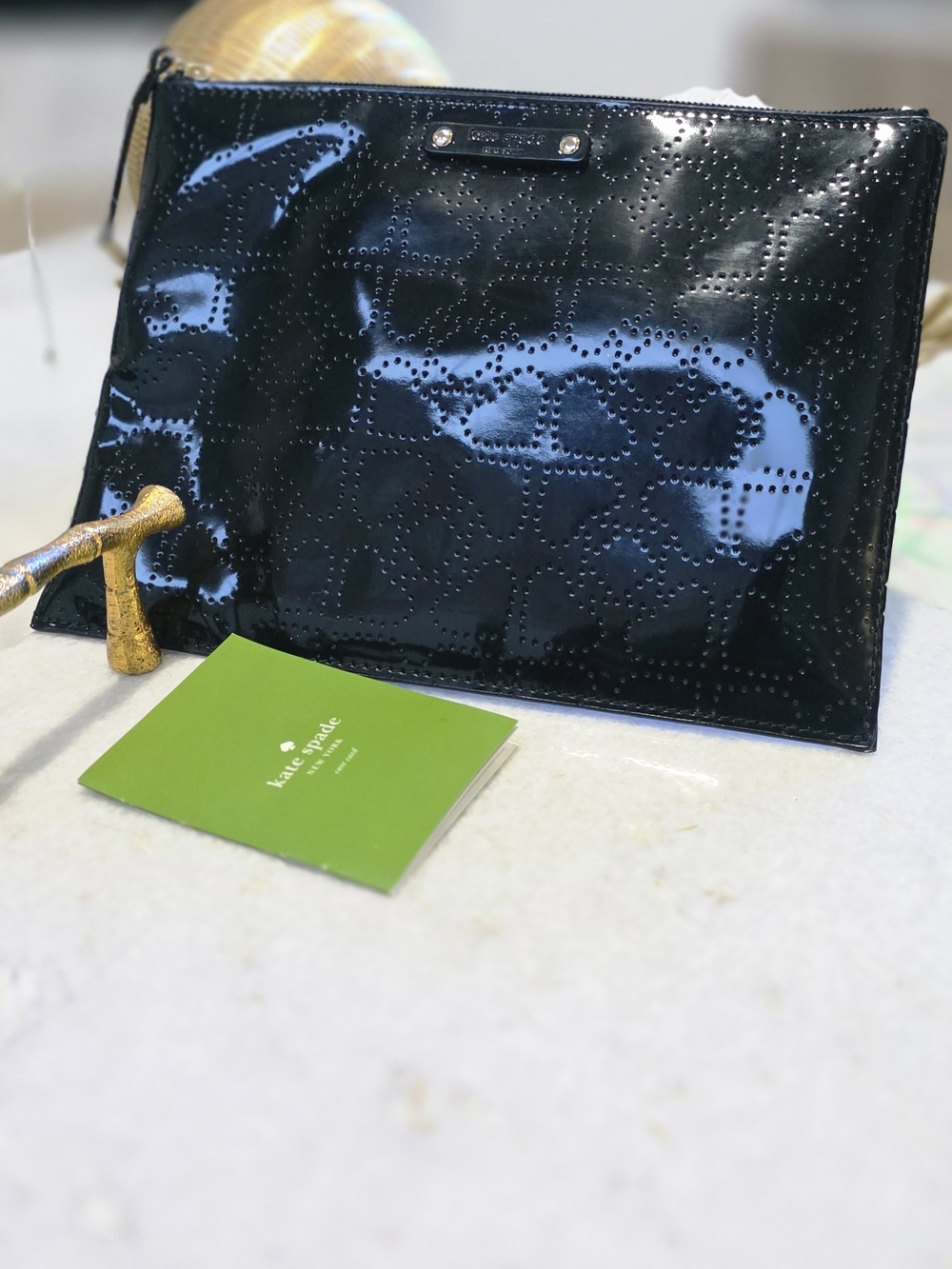 Kate Spade New York Metro Spade Large Pouch Black Patent Perforated Clutch NWT